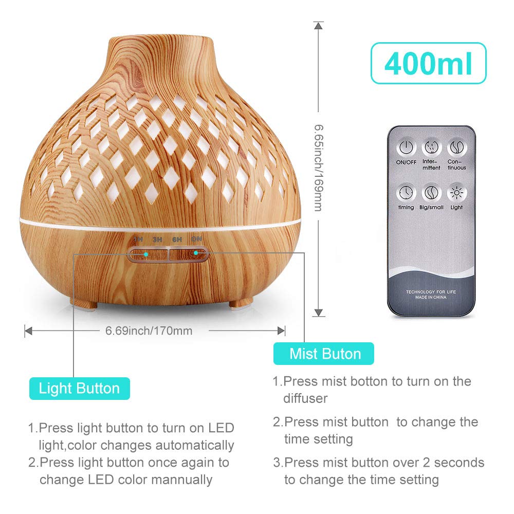 Aroma Diffuser 400ML, Ultraschall Aromatherapie Diffusor, Luftbefeuchter mit Fernbedienung, Automatische Abschaltung bei Wasserlosem Zustand mit 7 Arten LED Lichtfarben für Zuhause Büro Yoga