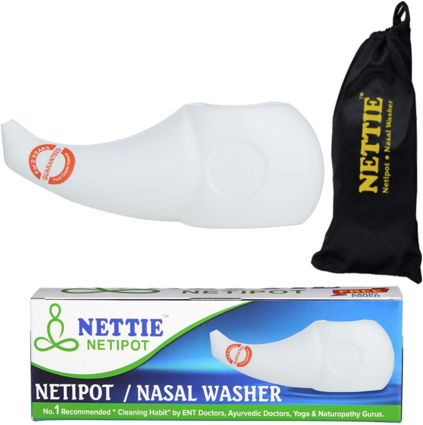 NETTIE Neti Pot |Food grade material, 300ml capacity, BPA Free, free carry pouch, ergonomic Nasal Irrigation for Effective Relief of Sinusitis, Allergies and Cold Symptoms jalaneti pot – Pack of 1