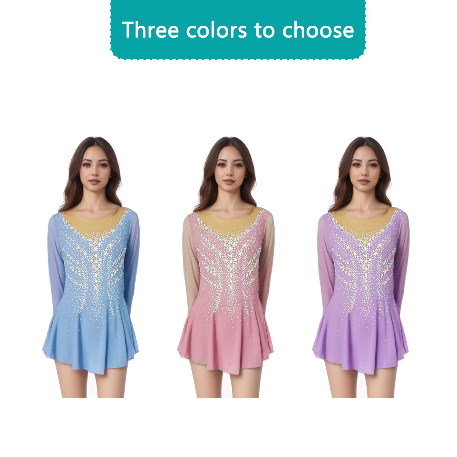 LIUHUO Figure Skating Dress Girls' Long Sleeves Womens Competition Elegant Handmade Crystal Blue