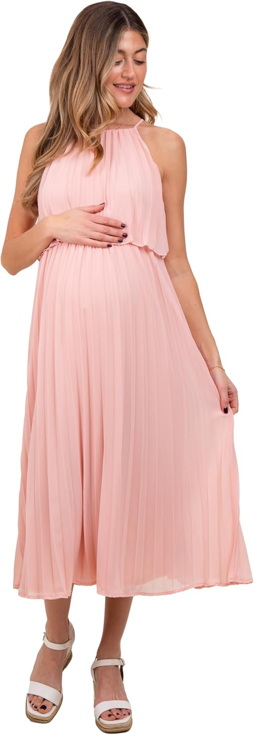 PinkBlush Pleated Woven Maternity Midi Dress