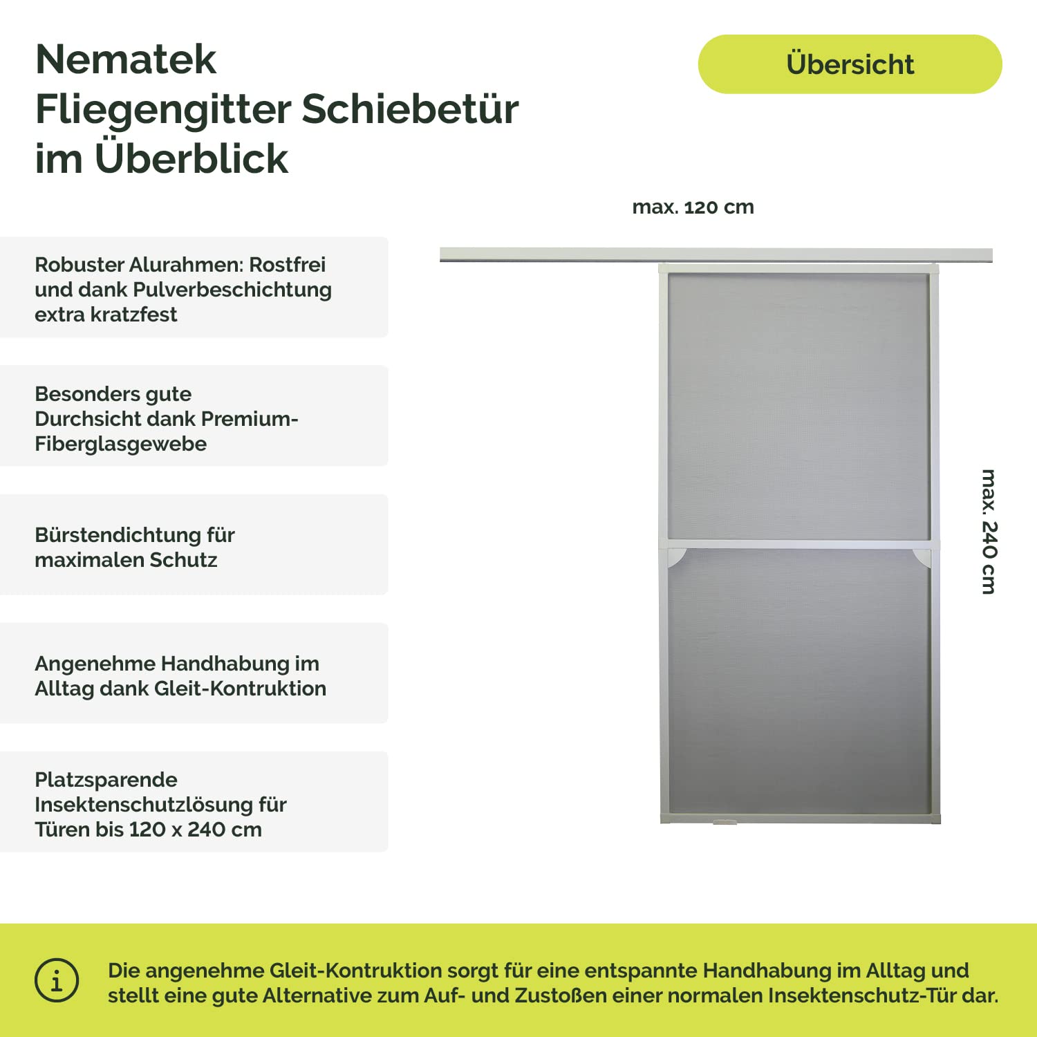 Nematek Premium Insektenschutz Schiebetür - Fliegengitter Schiebetüren für Terrassentüren als Bausatz - Fliegengitter Balkontür Schiebetür in 120 x 240 cm, weiß