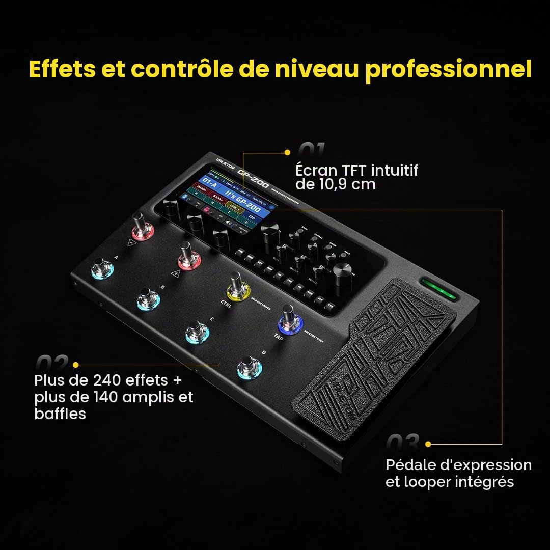 VALETON Pédale d'effet guitare basse Multi-effets Processeur Amp Modélisation IR Cabinets Simulation avec FX Loop MIDI I/O Expression Pédale stéréo OTG USB GP-200 + Bag