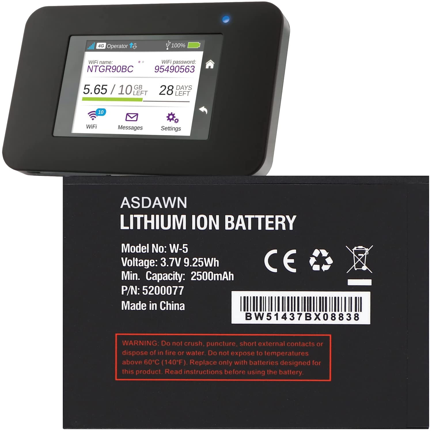 2500mAh W-5 Battery Replacement for Netgear Sierra Wireless Router Aircard 770S 771S 782S 790S 344B (Sprint) AC770S Mobile WiFi Hotspot, Model No: W-5