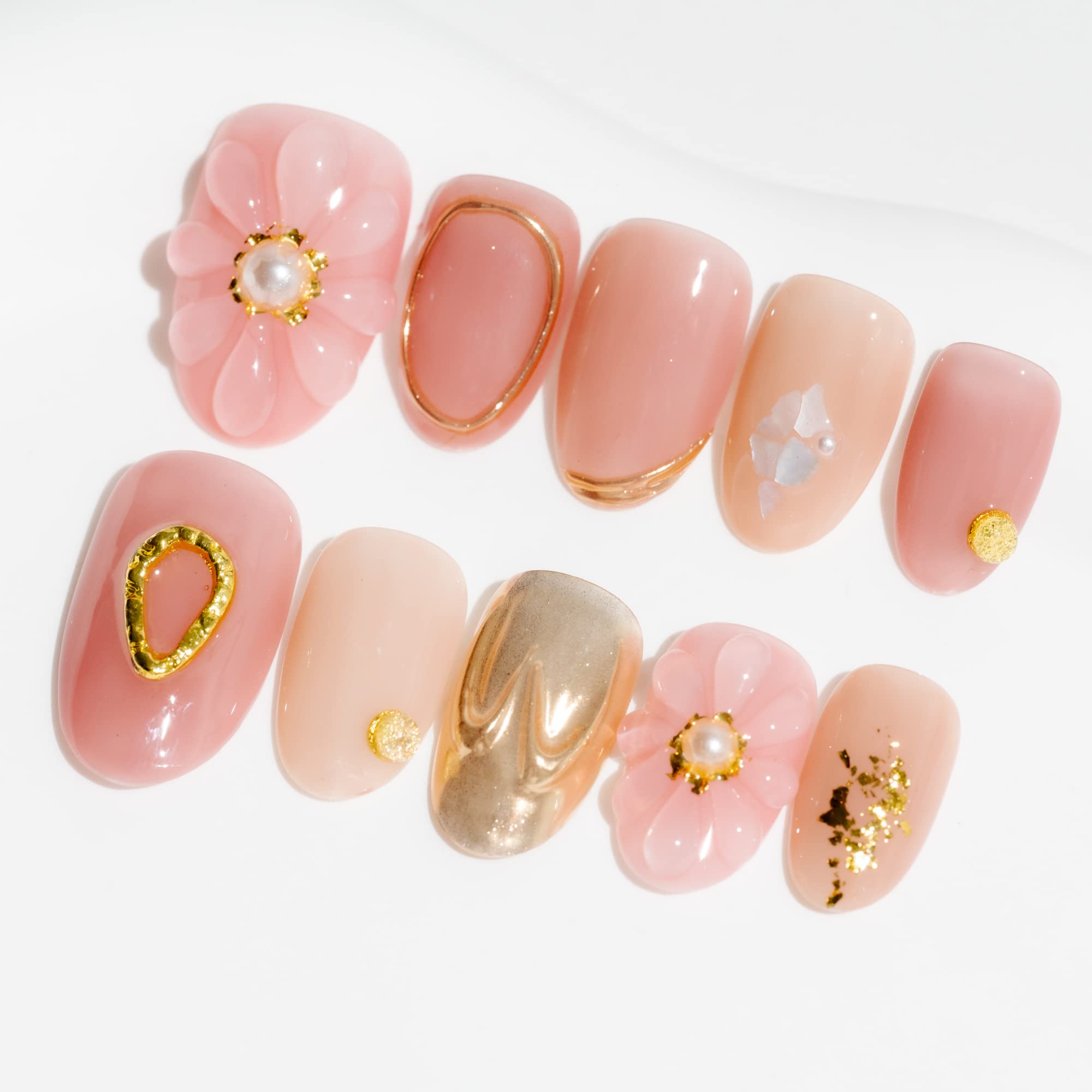 Sun&Beam Nails Handmade Medium Long Oval Pink Gold False Nail Tips with Cute 3D Flower Pearl Popular Charm Design Press On Nails 10 Pcs (XS, #77)