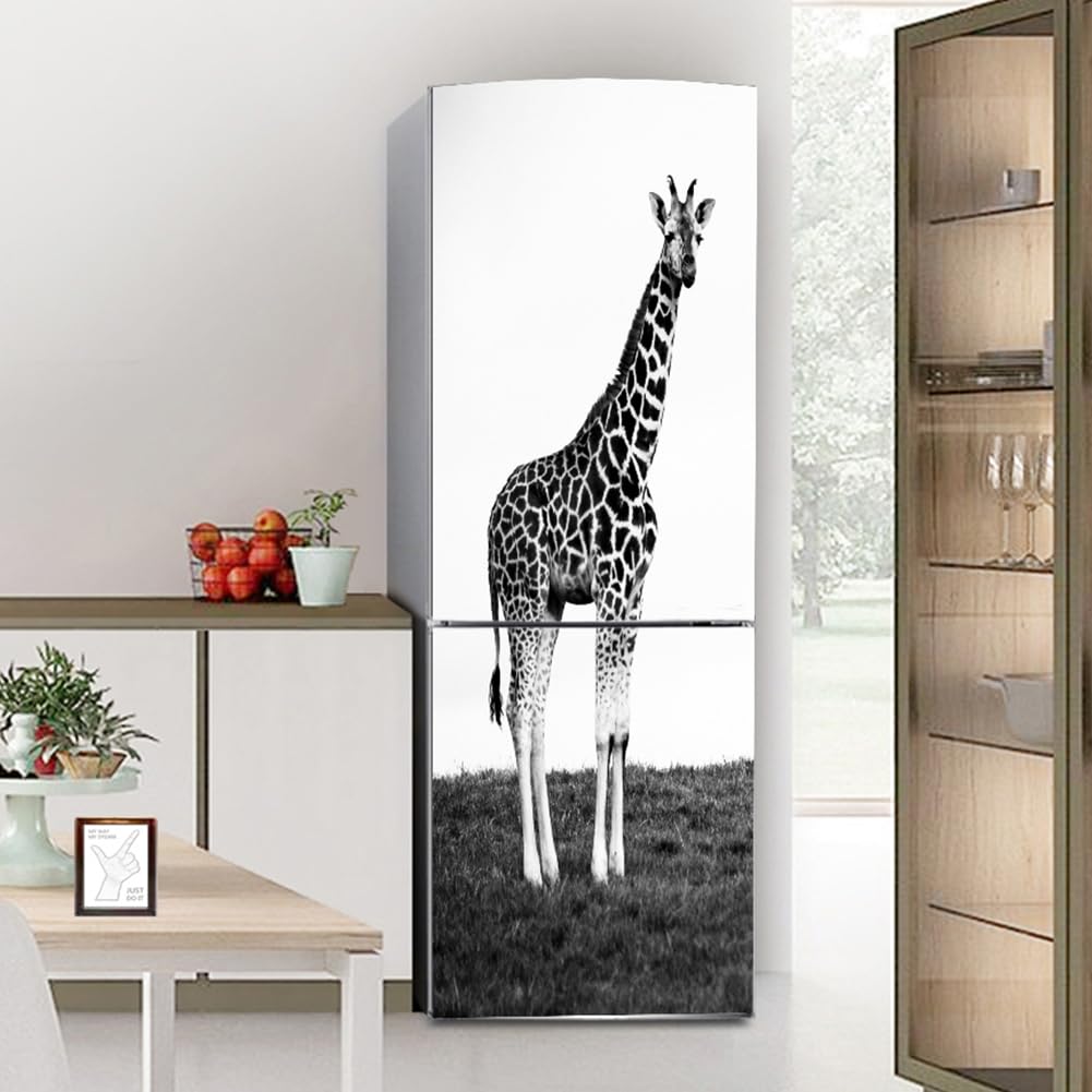 Fridge Stickers, Fridge Sticker Full Covering Door Covers Decor, Freezer Skins Wall Stickers for Kitchen Decal, Black and White Giraffe(M: 60x180 cm)