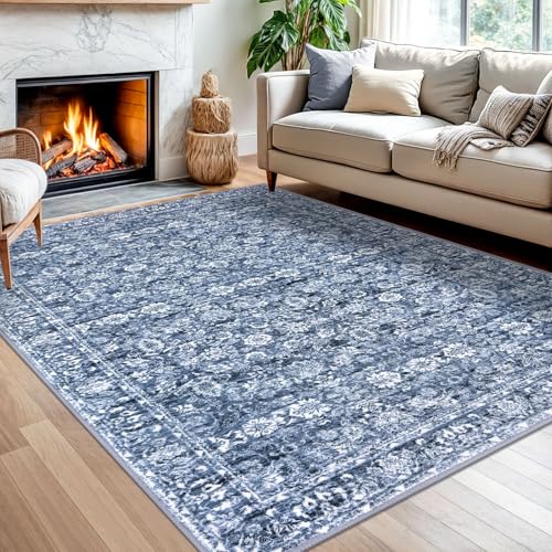Blue 5x7 Area Rug for Living Room, Large Vintage Floral Rug with Non-Slip, Soft Non-Shedding Washable Rugs for Nursery, Distressed Traditional Farmhouse Carpet for Bedroom Office Home Décor
