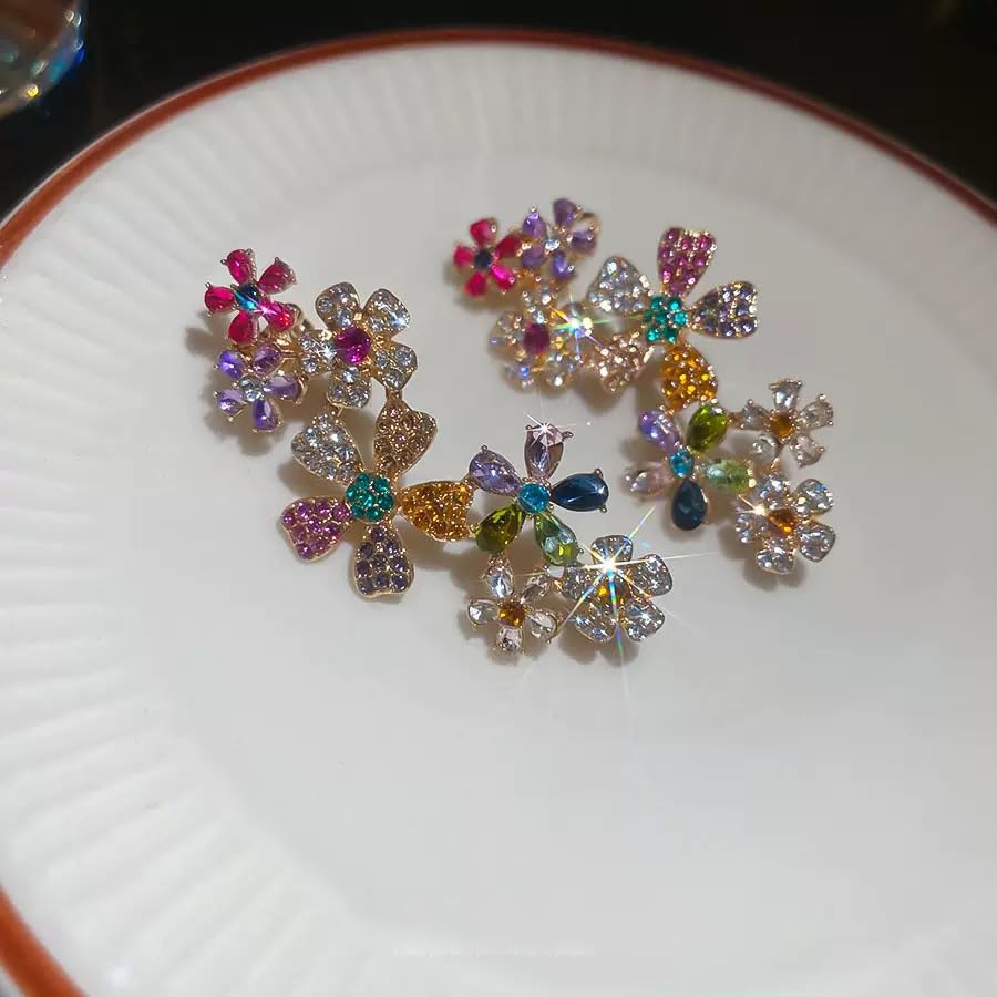Ear Climber Earrings for One Piercing, Multicolor Crystal Flower Ear Cuff Earrings, Floral Design with Gemstones crawler earrings4