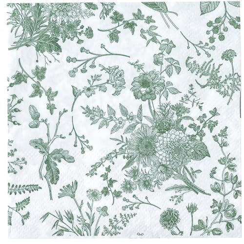 RUSPEPA Lot de 25 serviettes d'invité à motif floral vert - Serviettes en papier toile verte et blanche pour fête prénatale et de mariage, goûter, fête...