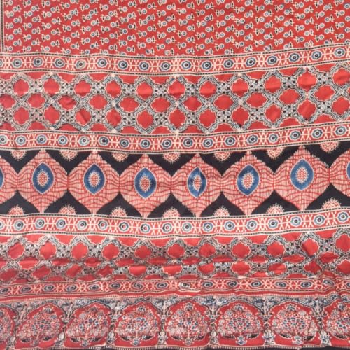 Image of Ethnics of Kutch Womenss Ajrakh Modal Silk Natural Dye Hand Block Print Saree with Blouse Piece - 5.5 Mtr Length