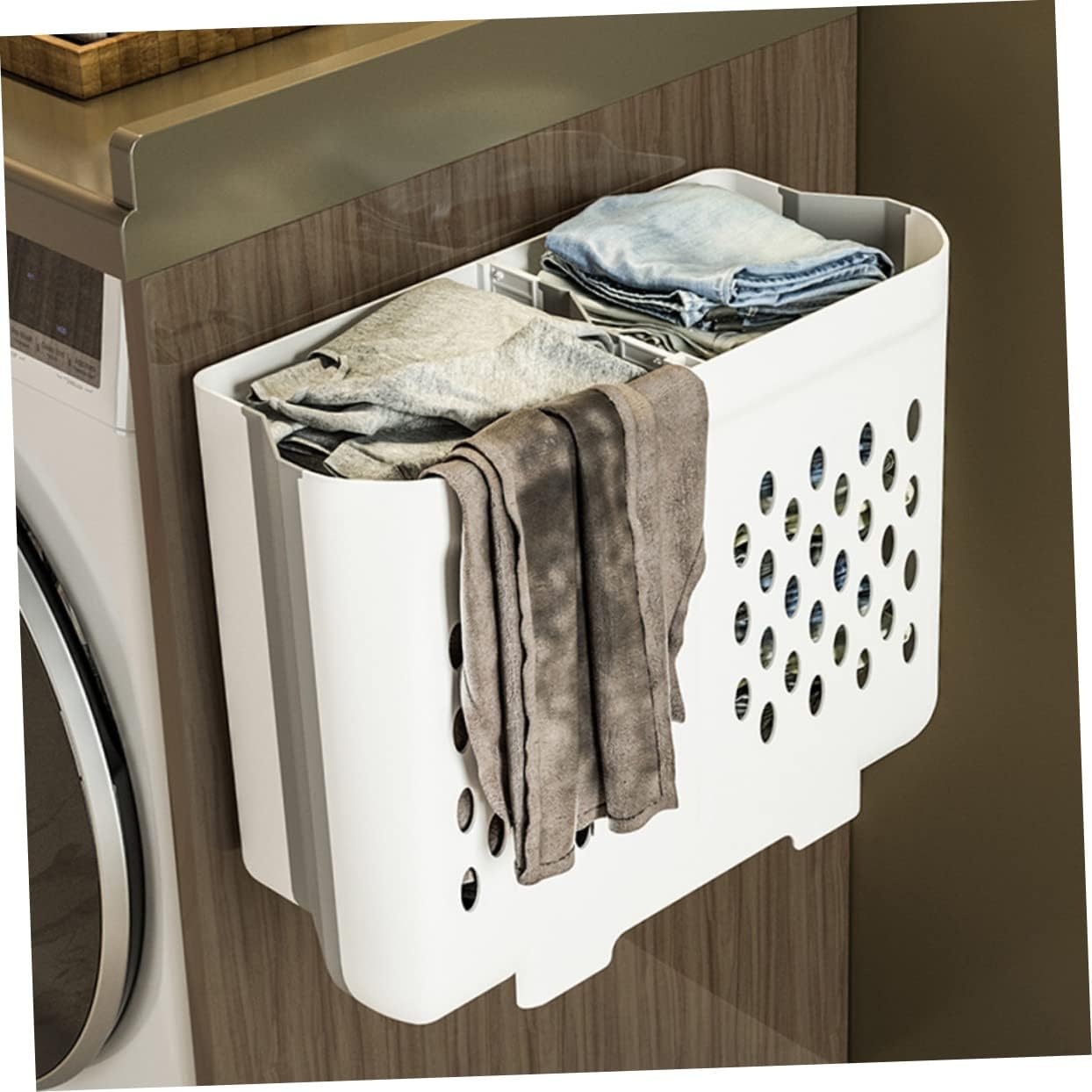 Foldable Wall Mounted Laundry Basket with Dual Compartments Space Saving Clothes Hamper for Bedroom Nursery Bathroom Smooth Surface Laundry Container for Home Storage