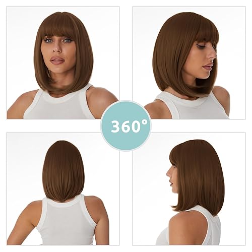 Miniatura 2 de Onpep Pelucas cortas y rectas con flequillo de aire, peluca marrón miel para mujer, longitud al hombro, pelucas de pelo de fibra resistente al calor