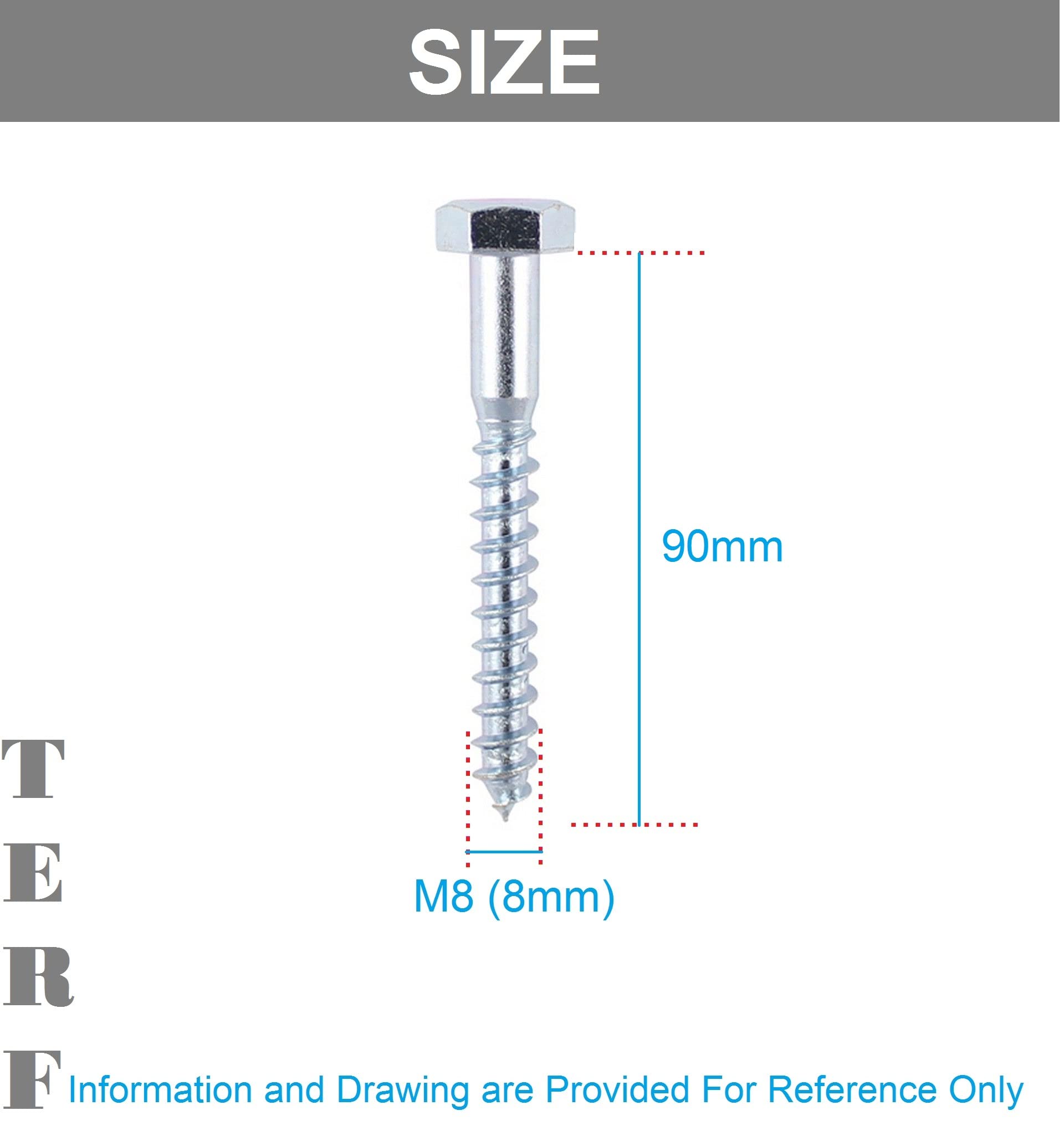 TERF® Lot de 10 vis tire-fond M8 x 90 mm à tête hexagonale M8 (8 mm) x 90 mm pour bois, maçonnerie, brique, béton, fixation murale, antenne parabolique, support TV, clôture, étagères, montage sur