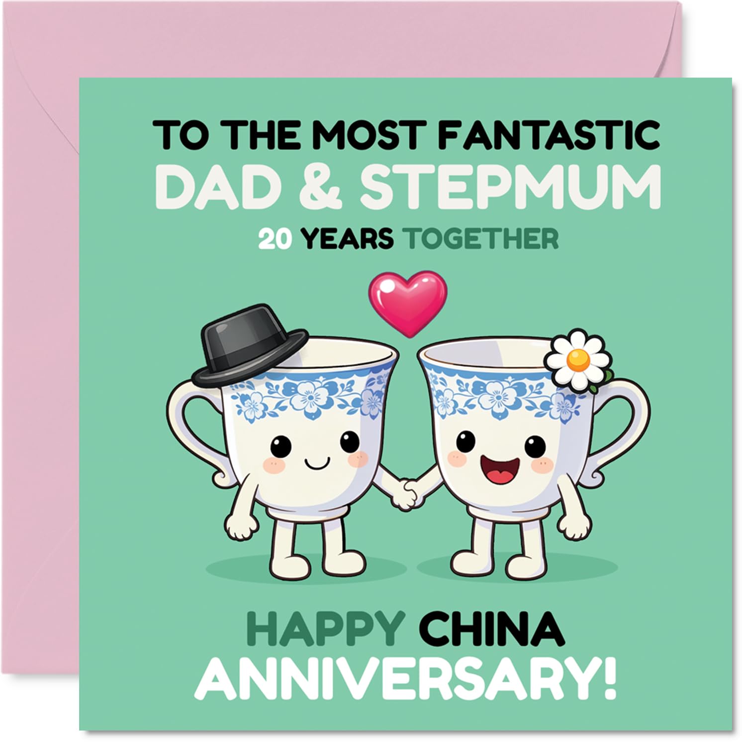 Cute 20th Anniversary Card for Stepmum & Dad - Cheers to 20 Years - Adorable Cups Design with Happy Faces - 145mm Square, Envelope Included