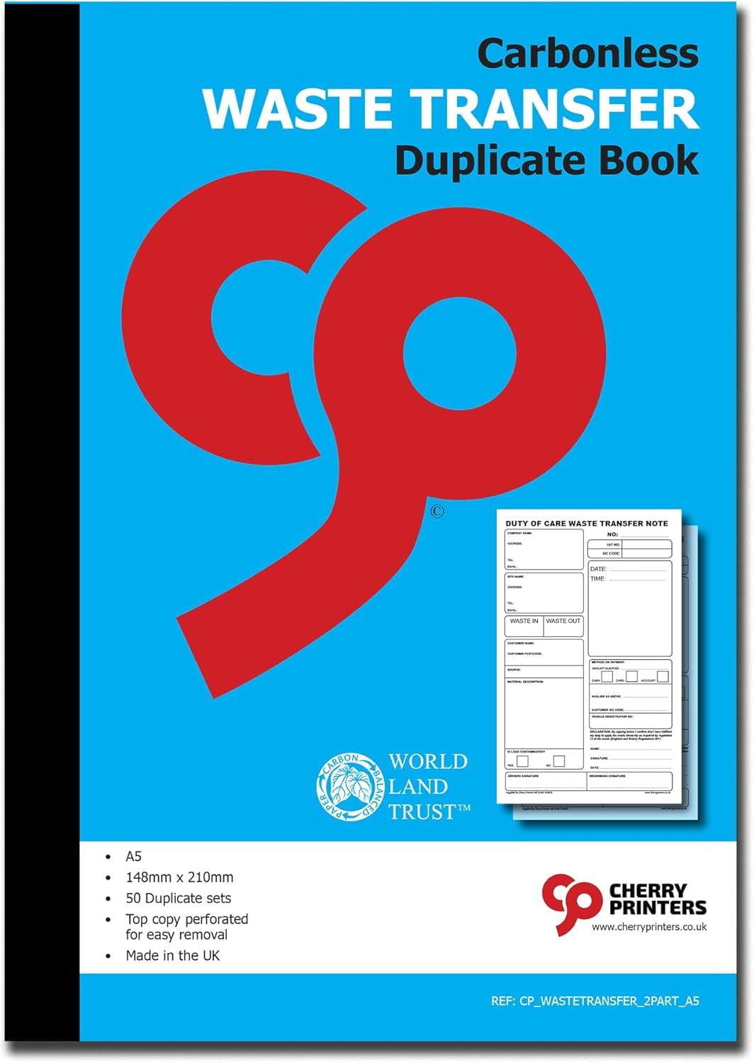 Cherry Carbonless Duty of Care Waste Transfer Duplicate Book A5 | 50 Duplicate Sets for Business Waste Records | Perforated for Easy Removal | Environmentally Compliant | Made in The UK **10 Pack** — image 1