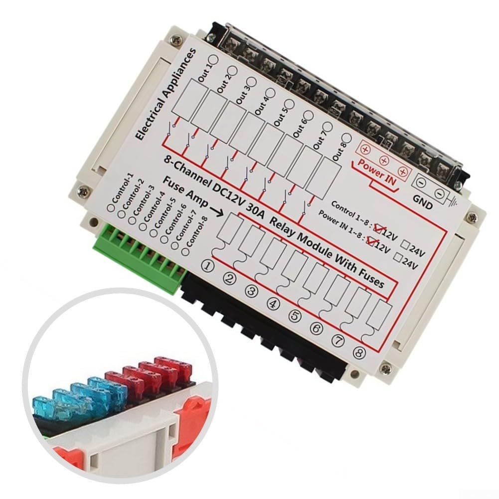 Panel de conmutación de 8 vías, 12 V, 30 A, ABS blanco, compacto, con protección contra sobretensión, para camping, para caravana, barco, fácil montaje