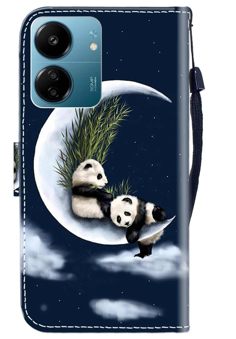 Sunrive Cover compatibile con Xiaomi Redmi 13C, Custodia con supporto di stand e in Pelle artificiale per carte di credito Portafoglio Flip Chiusura Magnetica bumper(Panda della luna B1