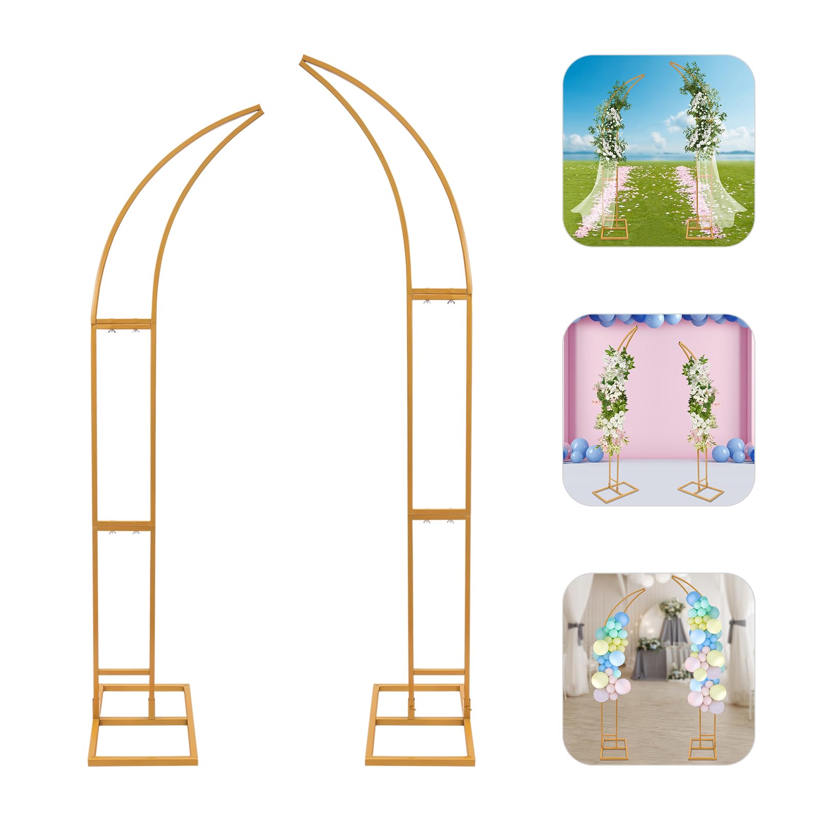 Juego de arcos de boda, marco de metal con base sólida, marco de fondo para fiesta de cumpleaños, boda, banquete, decoración, 2,1 m y 1,9 m (dorado)