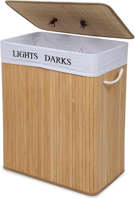Meerveil Laundry Basket Bamboo Foldable Laundry Storage Bin with Removable Lid Laundry Hamper with 2 Sections with Handles Washable Lining 100L