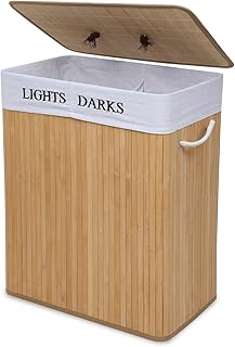 Meerveil Laundry Basket Bamboo Foldable Laundry Storage Bin with Removable Lid Laundry Hamper with 2 Sections with Handles Washable Lining 100L Natural