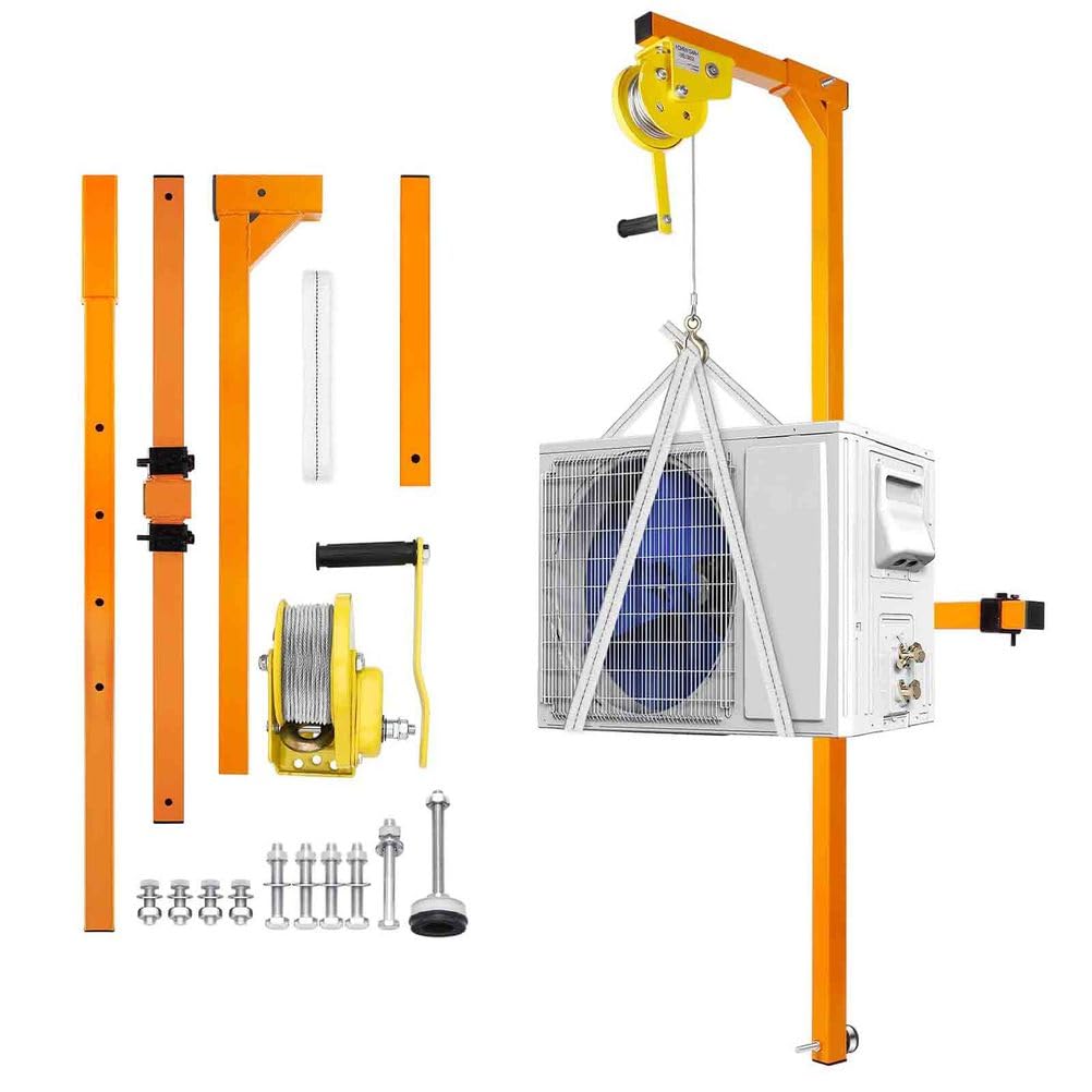 Hebewerkzeug für die Installation von Klimaanlagen – 150 kg Kapazität, 30 m Komplettset, und Handwinde, Abnehmbar und tragbar, Robustes orangefarbenes Design,001,3ph 150kg 15m