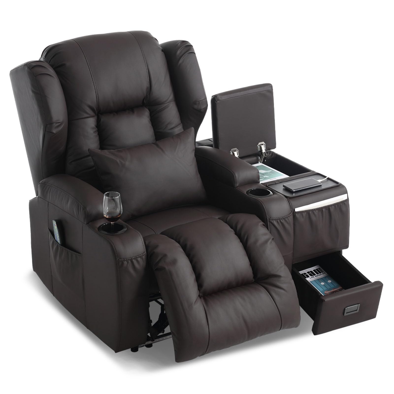 DRMBOOK Power Recliner Chair, Electric Wall Hugger Reclining Sofa with Massage &amp; Heat, Overstuffed Theater Seating with LED/USB Port/Cup Holders for Living Room (Leather Brown, 1 Chair with Console)