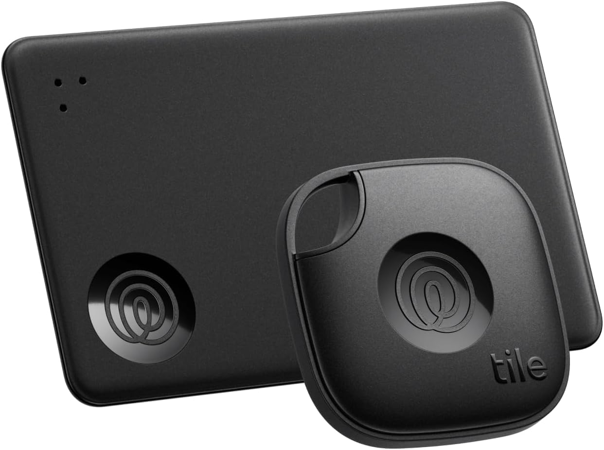 Tile by Life360 Starter Pack Bluetooth Trackers and Item Finders for Keys, Wallets & More. Both iOS and Android Compatible. Phone Finder. 2-Pack (Black Mate/Slim)