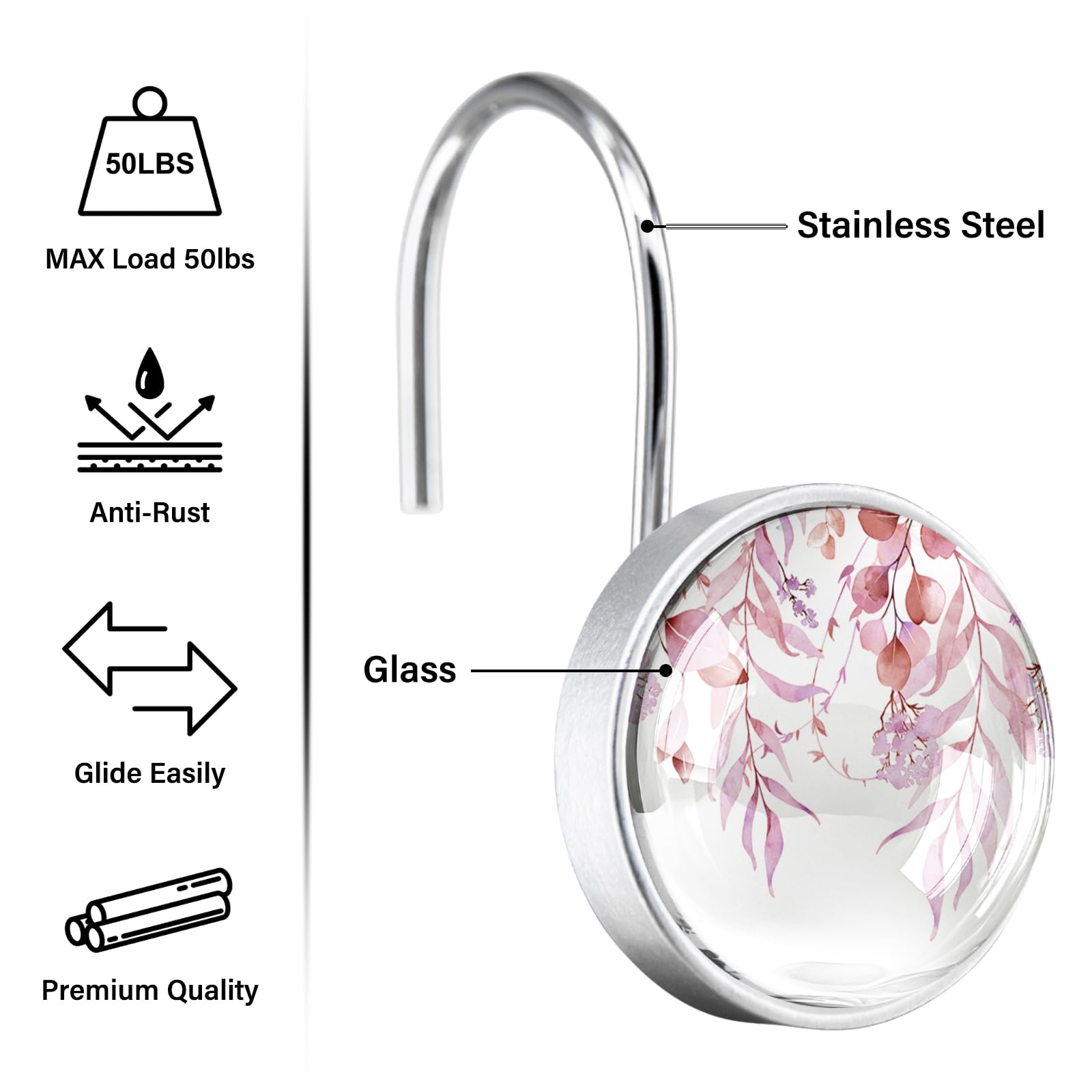 12 Pcs Pink Eucalyptus Shower Curtain Hooks - Decorative Shower Curtain Hooks Rings Set - Stainless Steel Round Resin Shower Rings Hangers for Modern Bathroom Home Bath Room Rods Decor