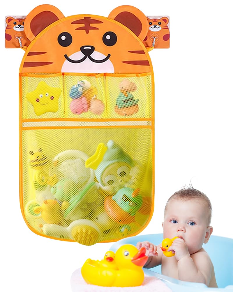 BELLALICHT bath toy storage net tiger storage net bath toy organizer with 2 strong suction cups bath net for kids bath toys organizer