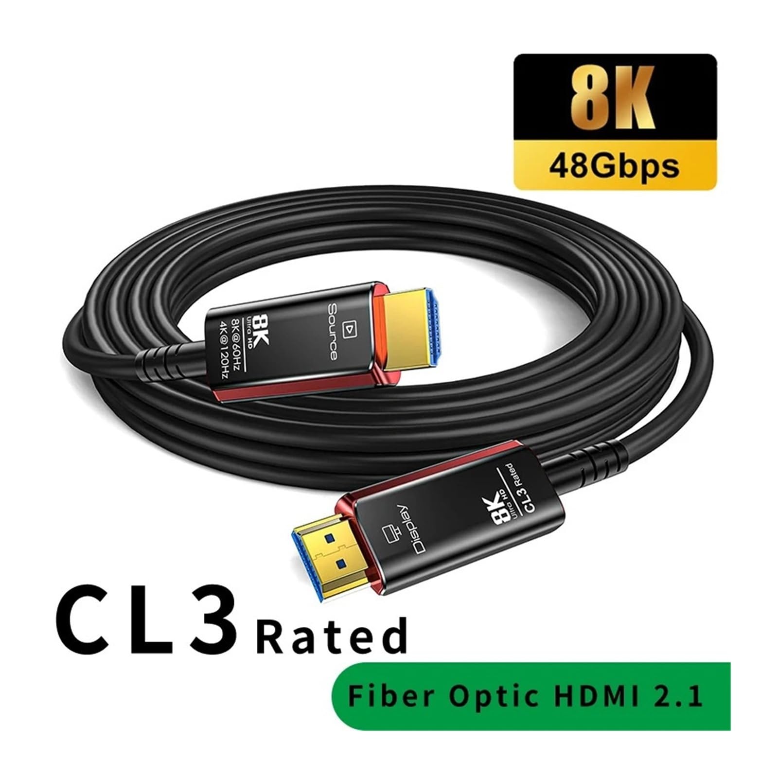 Cable HDMI 2.1 De Fibra Óptica 8K@60Hz 4K@120Hz/144Hz, Ancho De Banda Clasificado CL3 De 48 Gbps, EARC HDCP 2.2 2.3, Compatible Con TV, Proyector, Consolas De Juegos(30m)