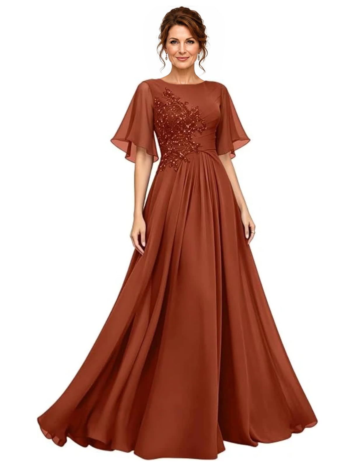 Chiffon Brautmutterkleider mit Spitze lang A-Linie Kurze Ärmel Elegant formelle Abendkleider für Hochzeiten