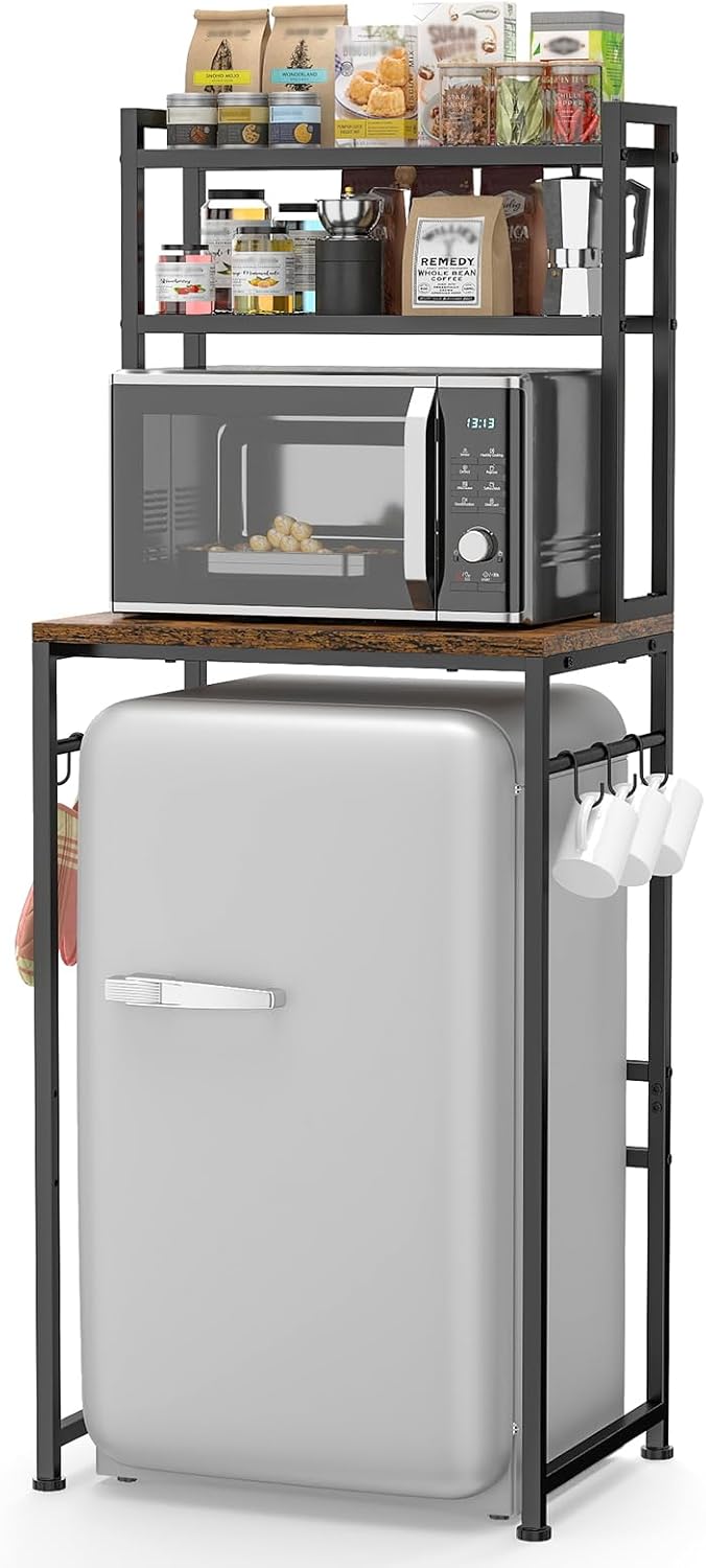 ikkle Mini Fridge Stand with Storage Shelves, 3-Tier Mini Fridge Rack with Microwave Storage, Wood Utility Storage Shelf with Mini Fridge Storage Space for Dorm Kitchen (Brown