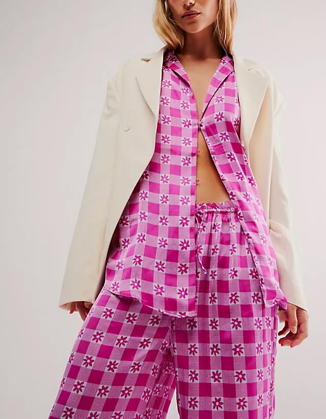 Image of LILTWIST Silk Satin Pajamas Set for Women 2 Piece Floral Pjs Wide Leg Lounge Pants Set Long Sleeve Button down Pj Shirts Set