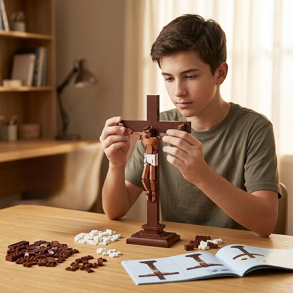 Set de piezas de construcción de la crucifixión de Jesús de 588 piezas, kit de construcción de modelo de cruz cristiana, juguete de construcción de figura religiosa para jóvenes y adultos, decoración