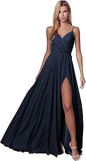 HEFANATI Women's V Neck Bridesmaid Dresses Long for Wedding Pleated A-Line Chiffon Formal Evening Gown with Pockets