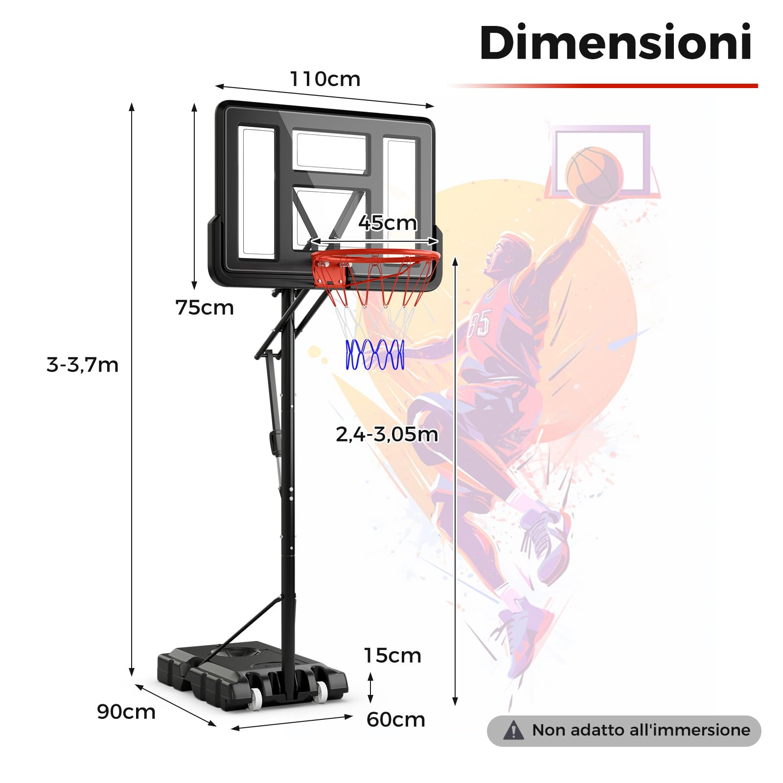 COSTWAY Canestro da Basket da Esterno ed Interno Professionale, Canestro da Basket Regolabile in Altezza 3-3,7 cm e Portatile con Tabellone Infrangibile, Base Robusta e Ruote