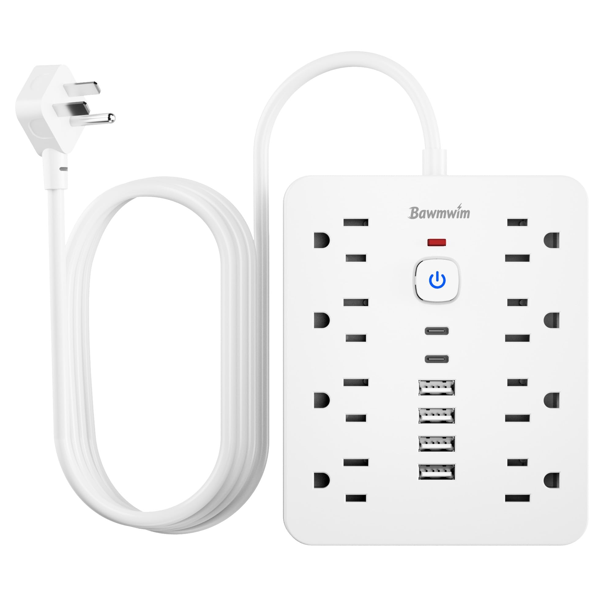 Steckdosenleiste mit Überspannungsschutz - 8 Ausgänge (1250W/10A) 4 USB A (2 USB C, 3.0 m Flachstecker Verlängerungskabel, Multi-Stecker-Extender für