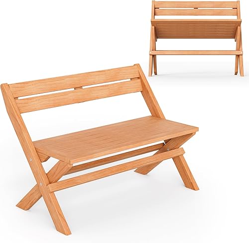 Giantex Banco de madera plegable para exteriores, banco de jardín para 2 personas con estructura de madera de teca maciza, aspecto natural, banco de
