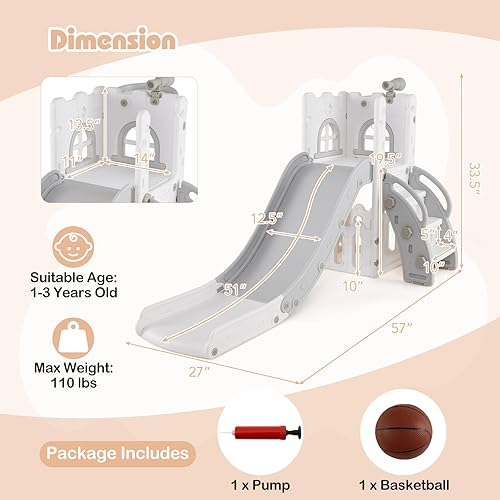 Miniatura 7 de BABY JOY Tobogán para niños pequeños, juego de tobogán 6 en 1 para interiores con aro de baloncesto, telescopio, escalera de escalada y espacio de