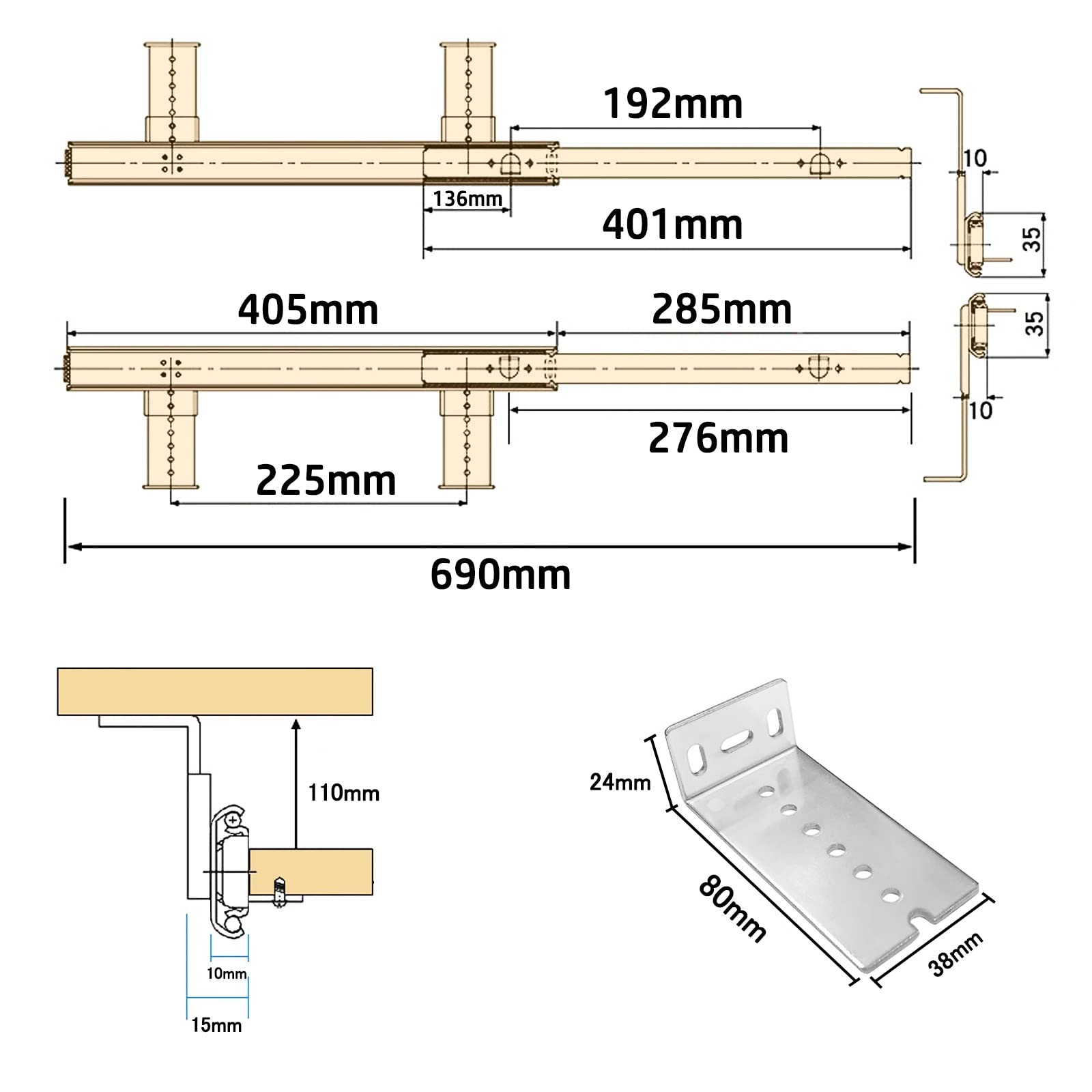 Prowadnice do szuflad, prowadnice do szuflad z pełnym wysuwem Prowadnice półek na klawiaturę 30 cm 40 cm — Metalowe prowadnice do szuflad pod biurkiem — Obciążenie 60 kg o dużej wytrzymałości (rozmiar