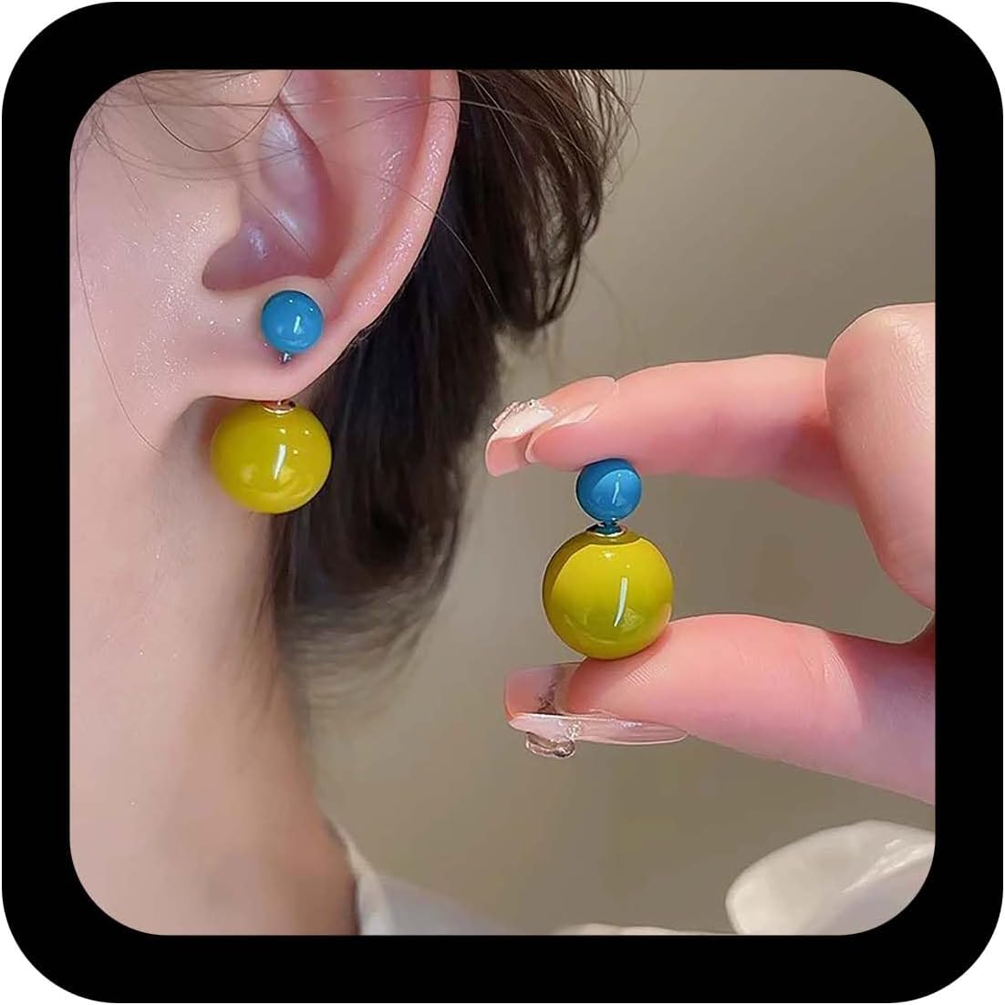 Vintage Round Ball Ear Jacket Earrings Double Ball Stud Earrings Large Bead Double Sided Earrings Blue Yellow Bead Front Back Earring Minimalist Statemrnt Jewelry for Women