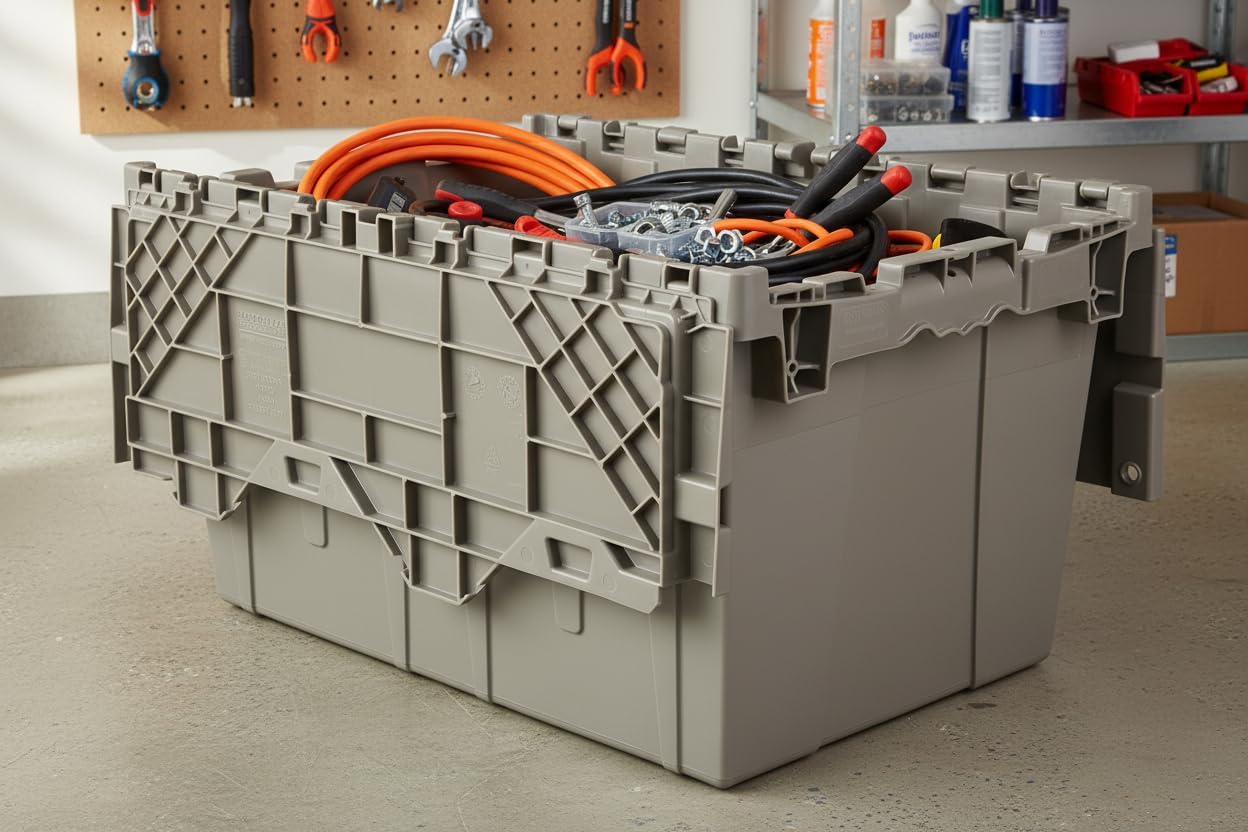 Hudson Exchange 21.9 x 15.2 x 12.8” (3 Pack) Storage Tote Distribution Container with Hinged Attached Lid, Gray/Brown