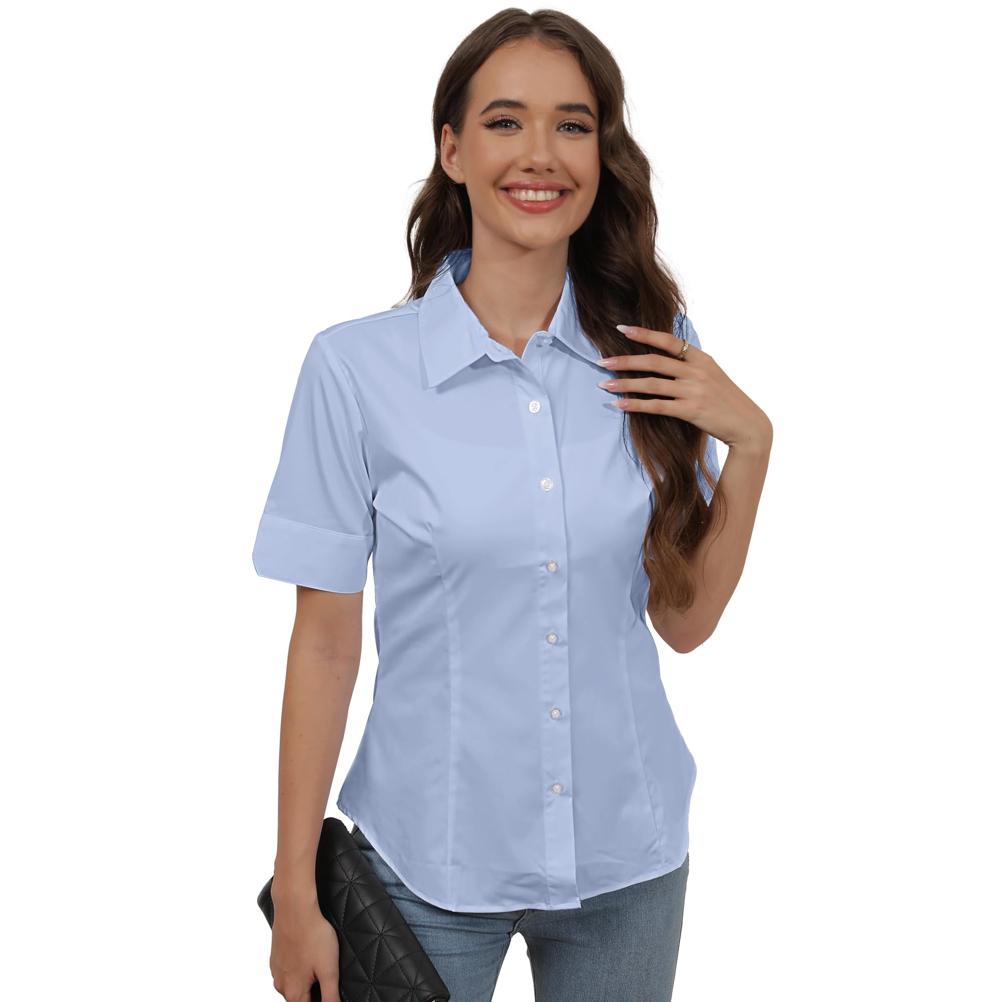 SUNNOW Womens Button Down Shirts Tailored Short Sleeve Shirt Basic Simple Stretch Wrinkle Free Formal Work Blouses