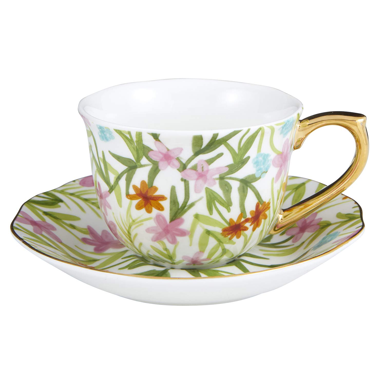 Slant Collections Ceramic Tea Cup & Saucer Set, 1 Count (Pack of 1), Floral