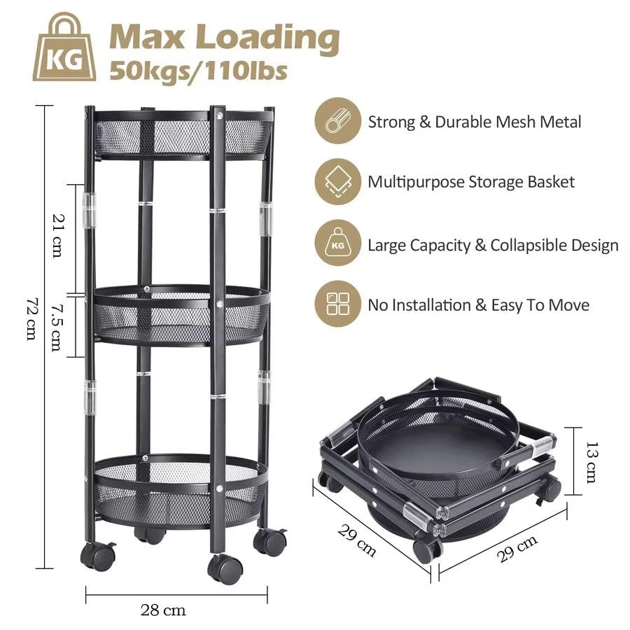 Image of JD FRESH 3-Tier Foldable Rolling Storage cart /Metal Utility Storage Trolly with Lockable Wheels /Assembly-Free and Versatile Serving Organizer Trolley for Kitchen, Bathroom or Living Room (Black)