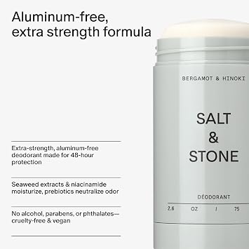 Salt & Stone Aluminum Free Deodorant | Extra Strength 48 Hour Protection for Women & Men | Made with Seaweed Extracts, Niacinamide & Prebiotics | Bergamot & Hinoki