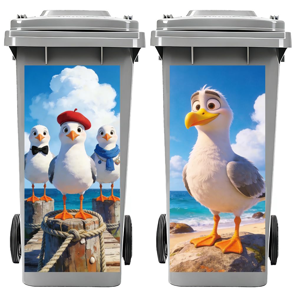 Peacoblue Wheelie Bin Stickers 2 Sheets Seagulls by the Sea Sticky Dustbin Stickers Decals, 15"x 32" Waterproof Large Wraps for Bins, Fridge, Wall Outdoor Indoor,Garden, Home Decoration