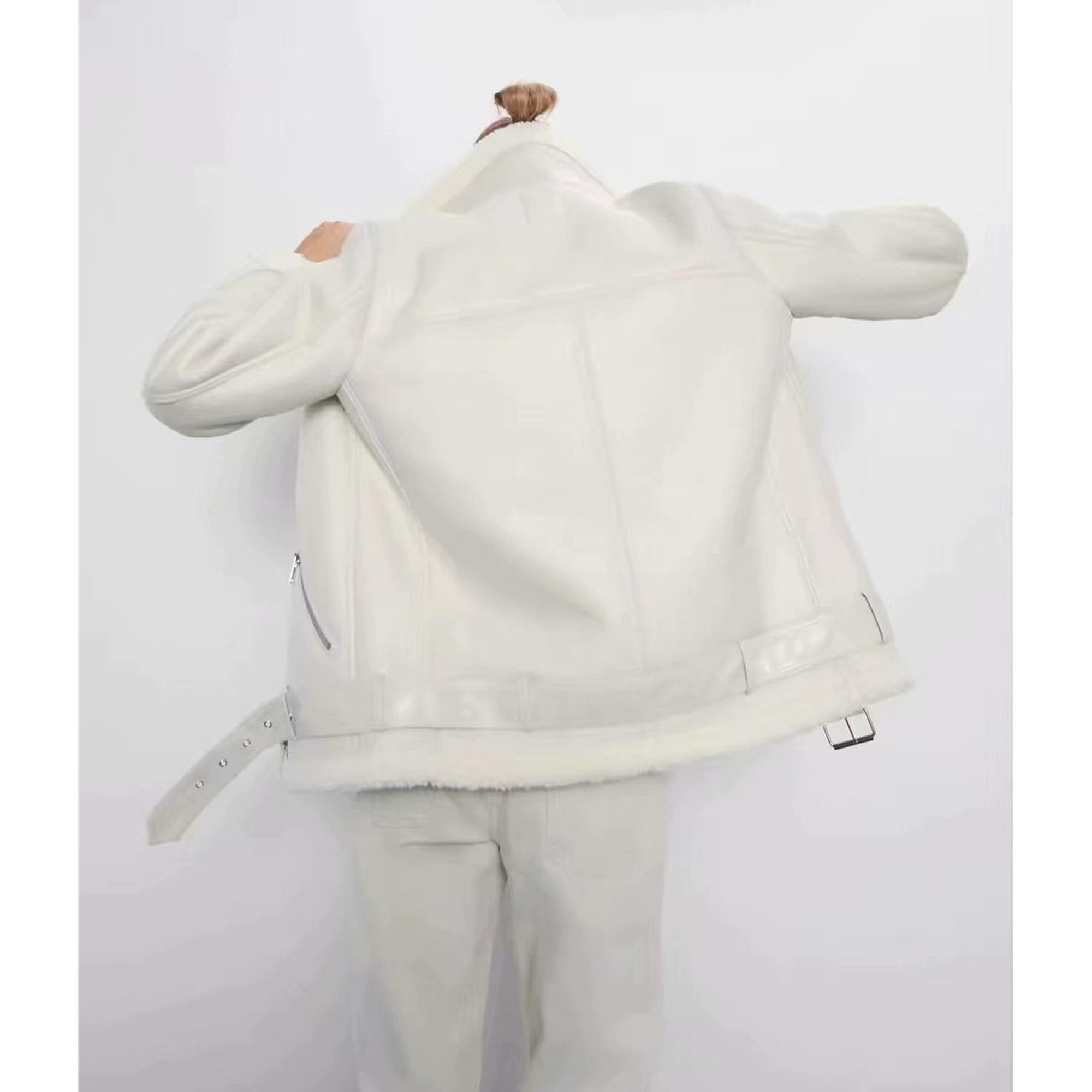 DGKaxiyaHM Abrigo de aviador con forro de invierno para mujer, de piel sintética, cálido, chaqueta de motociclista, ajuste regular, ropa de abrigo con cinturón, beige, S