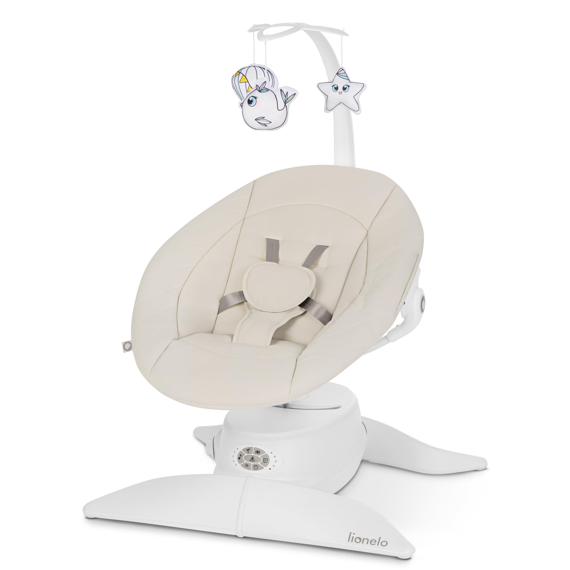 lionelo Vivi Set Balancelle Électrique 2 en 1 avec Nacelle, Jusqu’à 9 kg | Pivotement 360°, 5 Vitesses, Détecteur de Mouvement, Bluetooth, Télécommande, Timer, 12 Mélodies, Moustiquaire et Harnais