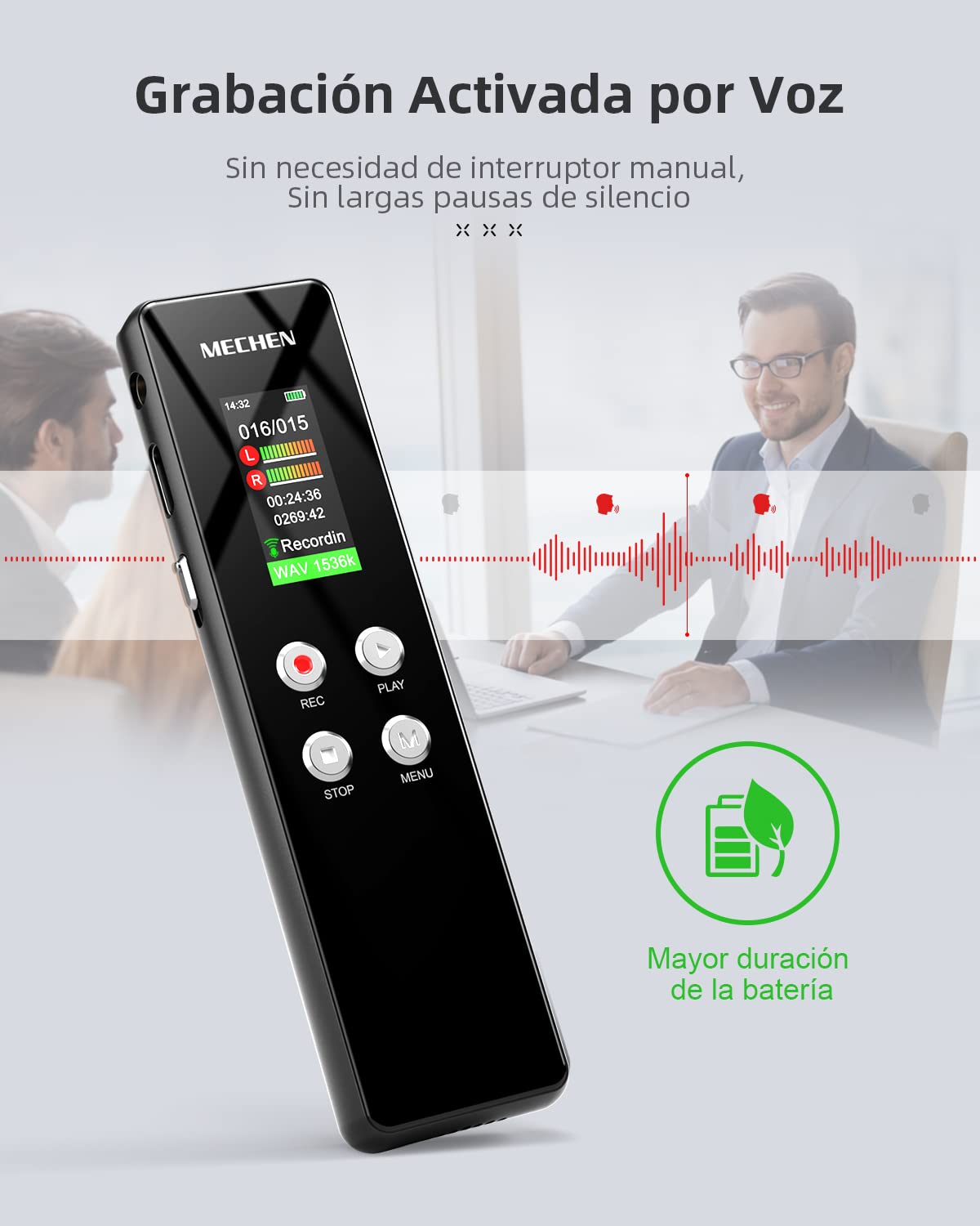 MECHEN Grabadora de Voz 64 GB, grabación HD con un Solo Clic (1536 kbps), reducción de Ruido automática, Reproductor de MP3, protección por contraseña, batería de 300 mAh (64GB)