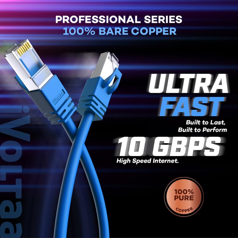 Image of iVoltaa Ethernet Cable CAT6A Cable Dual Shielded (SF /UTP), 100% Copper, Professional Series - 10 Gbps LAN Network /High Speed Internet Cable, 550MHZ, Blue - 0.5 feet (15 cm)